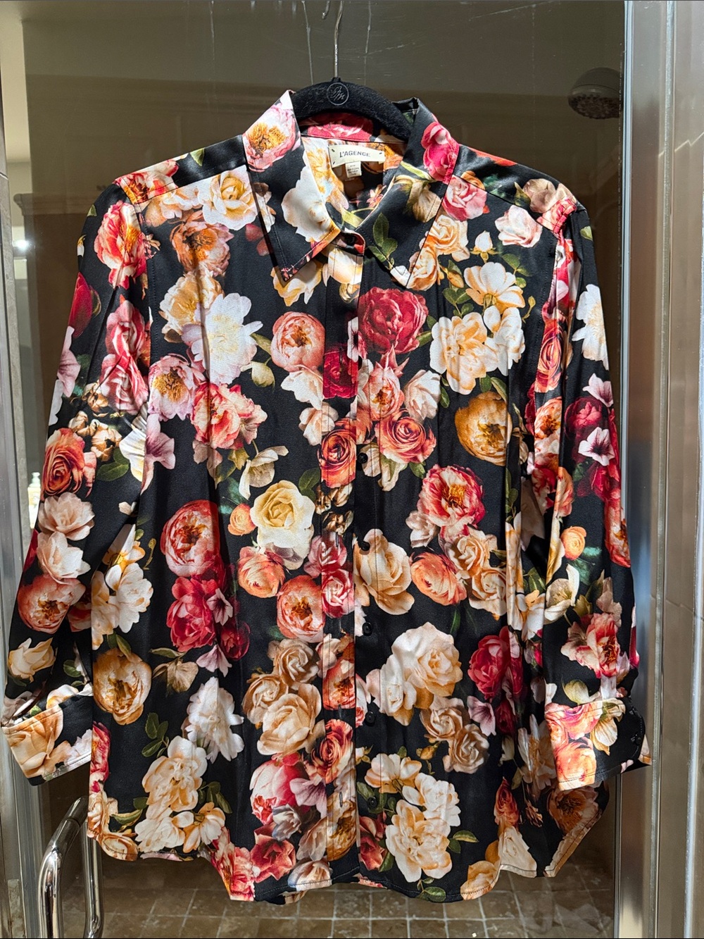 L'AGENCE Black Floral Satin Button-Down Shirt
